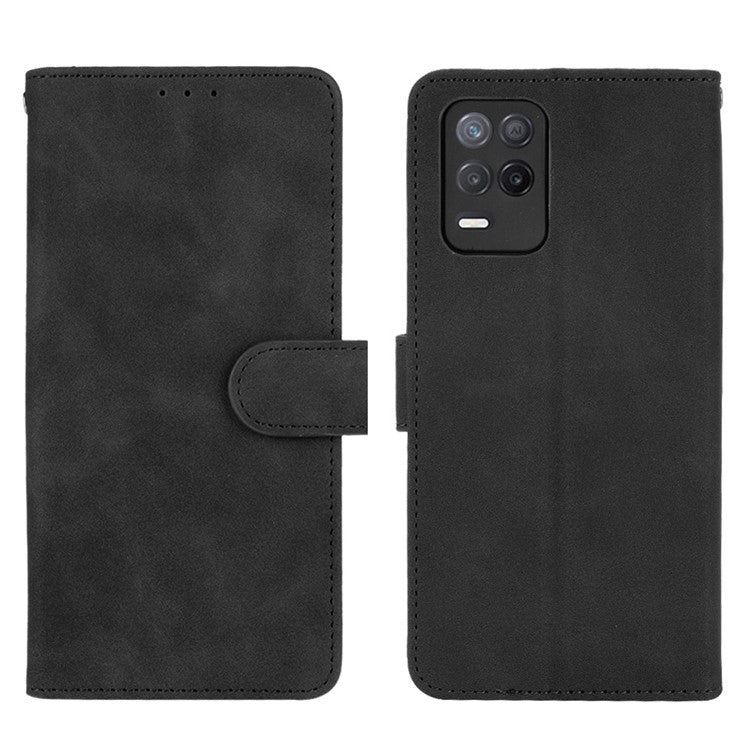Skin-Touch Wallet Leather Stand Folio Flip Phone Case for Realme 8 5G/V13 5G/Narzo 30 5G/Q3 5G/Q3i 5G - Black