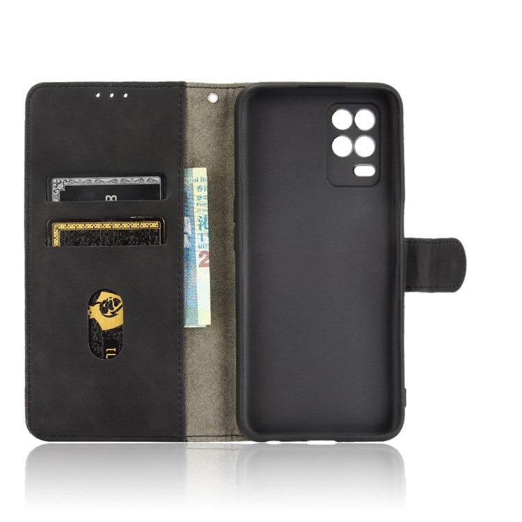 Skin-Touch Wallet Leather Stand Folio Flip Phone Case for Realme 8 5G/V13 5G/Narzo 30 5G/Q3 5G/Q3i 5G - Black