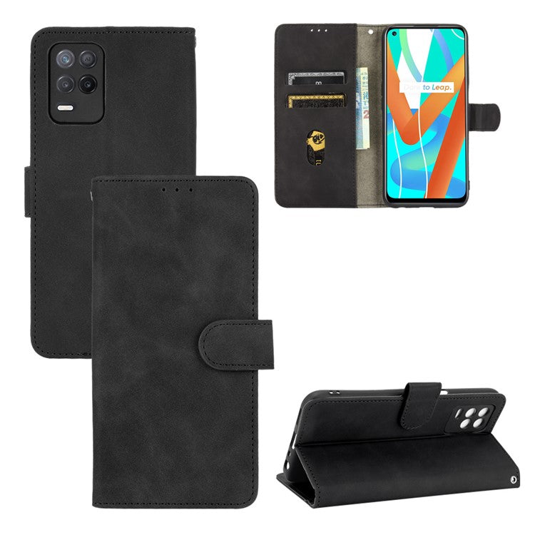 Skin-Touch Wallet Leather Stand Folio Flip Phone Case for Realme 8 5G/V13 5G/Narzo 30 5G/Q3 5G/Q3i 5G - Black