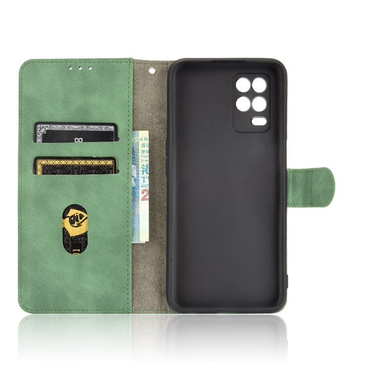 Skin-Touch Wallet Leather Stand Folio Flip Phone Case for Realme 8 5G/V13 5G/Narzo 30 5G/Q3 5G/Q3i 5G - Green