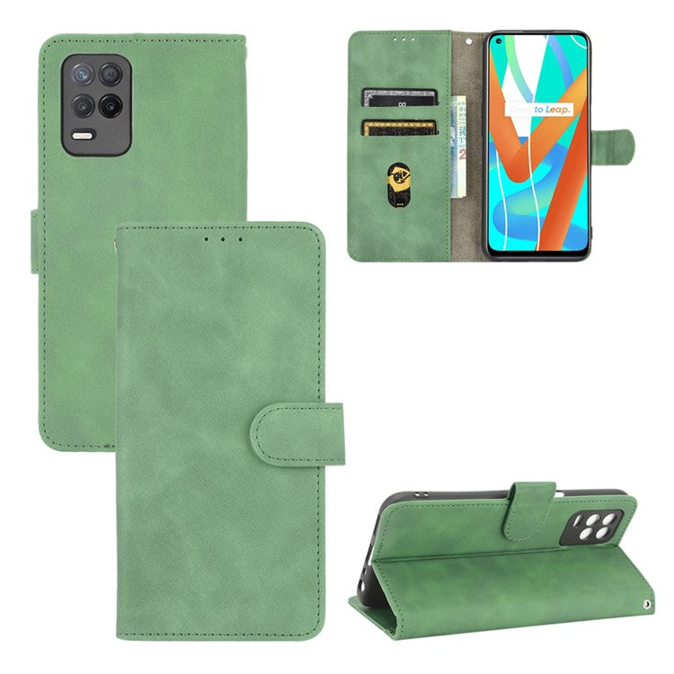 Skin-Touch Wallet Leather Stand Folio Flip Phone Case for Realme 8 5G/V13 5G/Narzo 30 5G/Q3 5G/Q3i 5G - Green