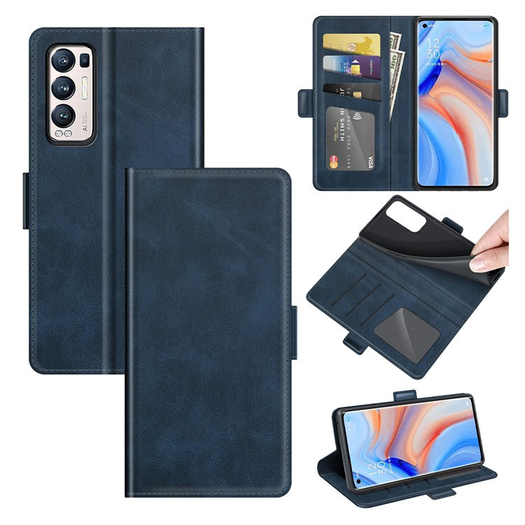 Magnetic Double Clasp Leather Wallet Case for OPPO Reno5 Pro Plus 5G/Find X3 Neo - Blue