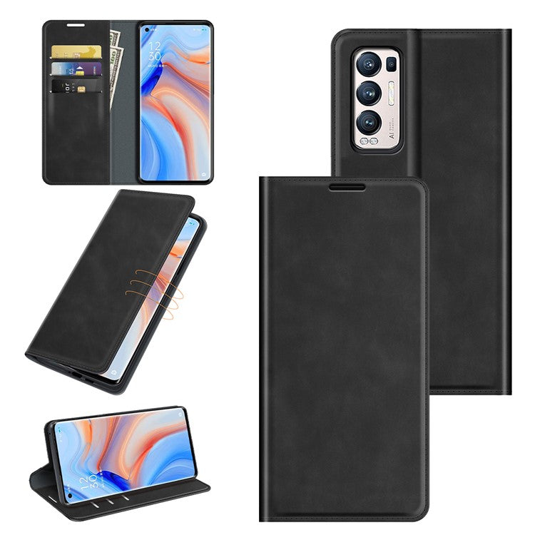 Silky Touch Leather Wallet Stand Case for OPPO Reno5 Pro Plus 5G/Find X3 Neo - Black