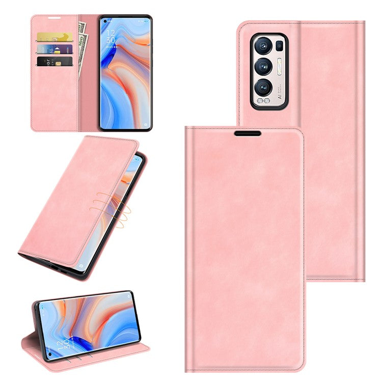 Silky Touch Leather Wallet Stand Case for OPPO Reno5 Pro Plus 5G/Find X3 Neo - Pink