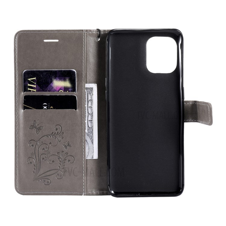 KT Imprinting Flower Series-2 Wallet Stand Leather Butterflies Pattern Phone Covering Case for Oppo Find X3 Pro / Find X3 - Grey
