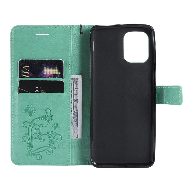 KT Imprinting Flower Series-2 Wallet Stand Leather Butterflies Pattern Phone Covering Case for Oppo Find X3 Pro / Find X3 - Green