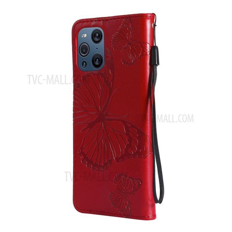 KT Imprinting Flower Series-2 Wallet Stand Leather Butterflies Pattern Phone Covering Case for Oppo Find X3 Pro / Find X3 - Red