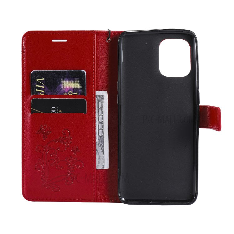 KT Imprinting Flower Series-2 Wallet Stand Leather Butterflies Pattern Phone Covering Case for Oppo Find X3 Pro / Find X3 - Red