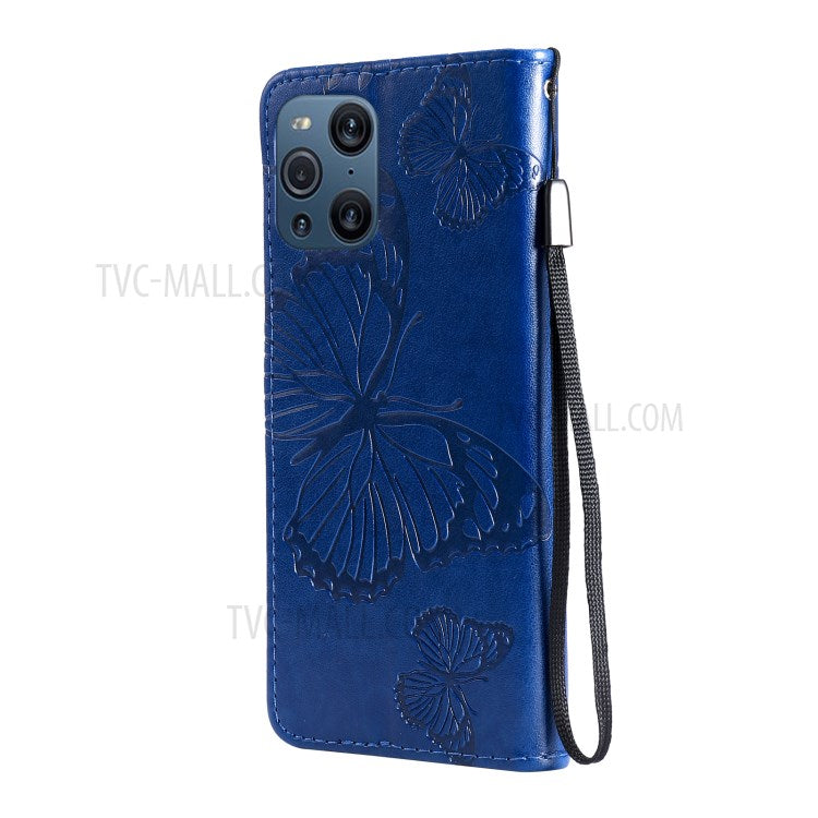 KT Imprinting Flower Series-2 Wallet Stand Leather Butterflies Pattern Phone Covering Case for Oppo Find X3 Pro / Find X3 - Blue