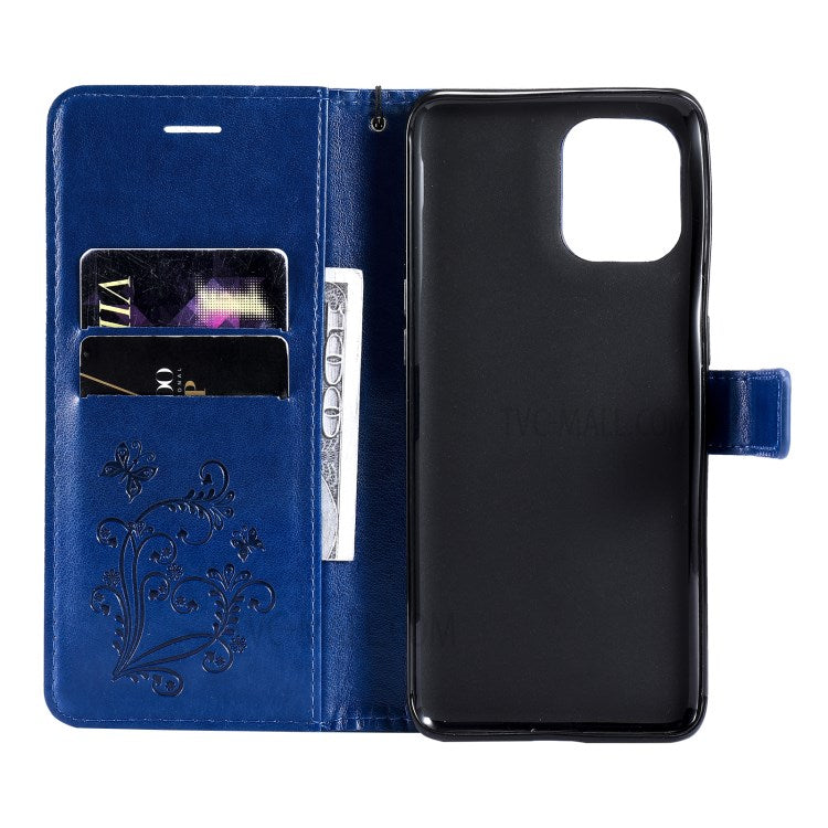 KT Imprinting Flower Series-2 Wallet Stand Leather Butterflies Pattern Phone Covering Case for Oppo Find X3 Pro / Find X3 - Blue