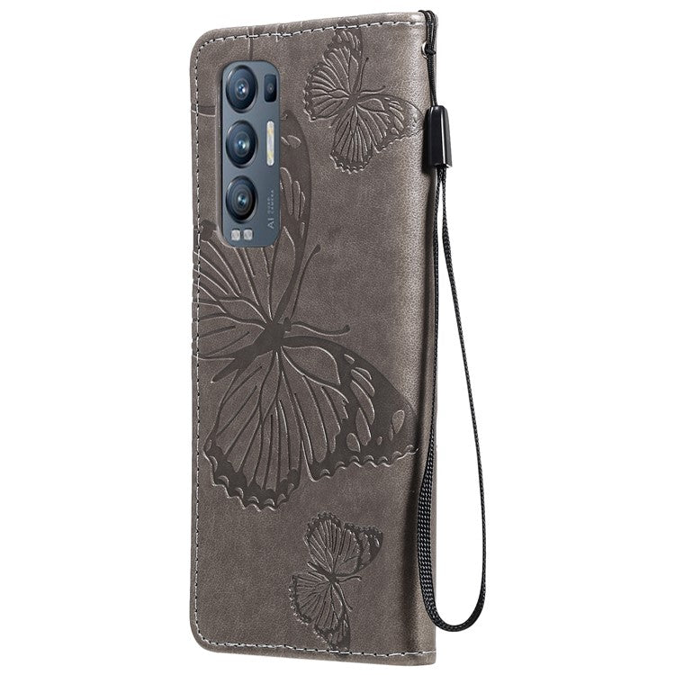 KT Imprinting Flower Series-2 Imprint Butterfly Leather Wallet Stand Case Shell for OPPO Find X3 Neo/Reno5 Pro Plus 5G - Grey