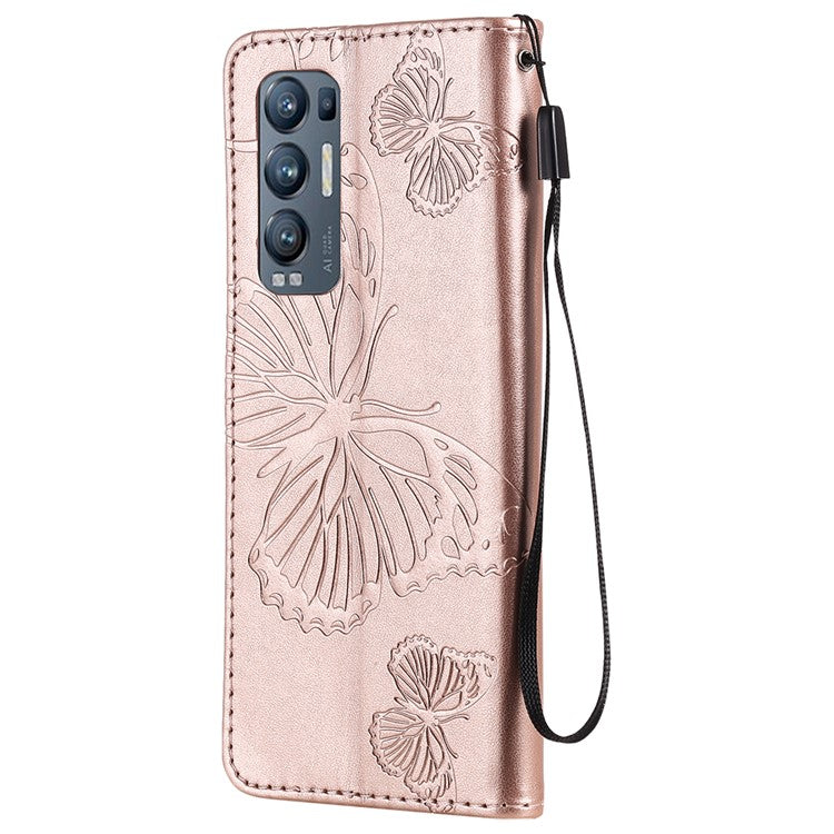 KT Imprinting Flower Series-2 Imprint Butterfly Leather Wallet Stand Case Shell for OPPO Find X3 Neo/Reno5 Pro Plus 5G - Rose Gold