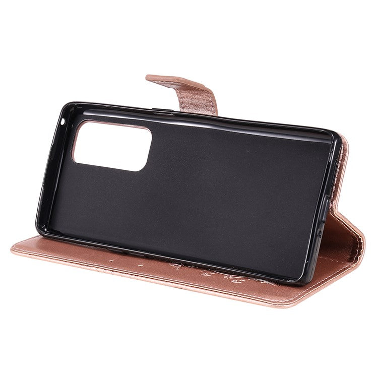 KT Imprinting Flower Series-2 Imprint Butterfly Leather Wallet Stand Case Shell for OPPO Find X3 Neo/Reno5 Pro Plus 5G - Rose Gold