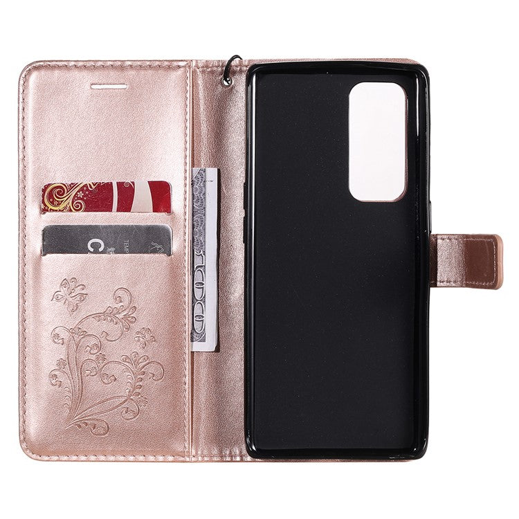 KT Imprinting Flower Series-2 Imprint Butterfly Leather Wallet Stand Case Shell for OPPO Find X3 Neo/Reno5 Pro Plus 5G - Rose Gold