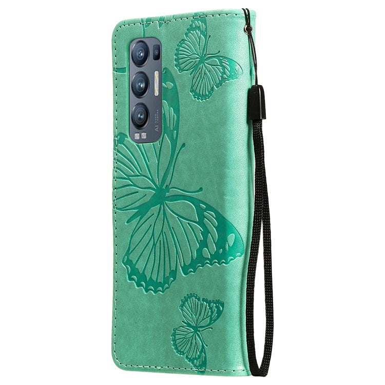 KT Imprinting Flower Series-2 Imprint Butterfly Leather Wallet Stand Case Shell for OPPO Find X3 Neo/Reno5 Pro Plus 5G - Green