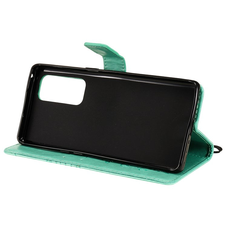 KT Imprinting Flower Series-2 Imprint Butterfly Leather Wallet Stand Case Shell for OPPO Find X3 Neo/Reno5 Pro Plus 5G - Green