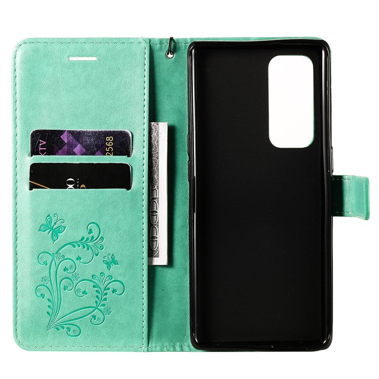 KT Imprinting Flower Series-2 Imprint Butterfly Leather Wallet Stand Case Shell for OPPO Find X3 Neo/Reno5 Pro Plus 5G - Green