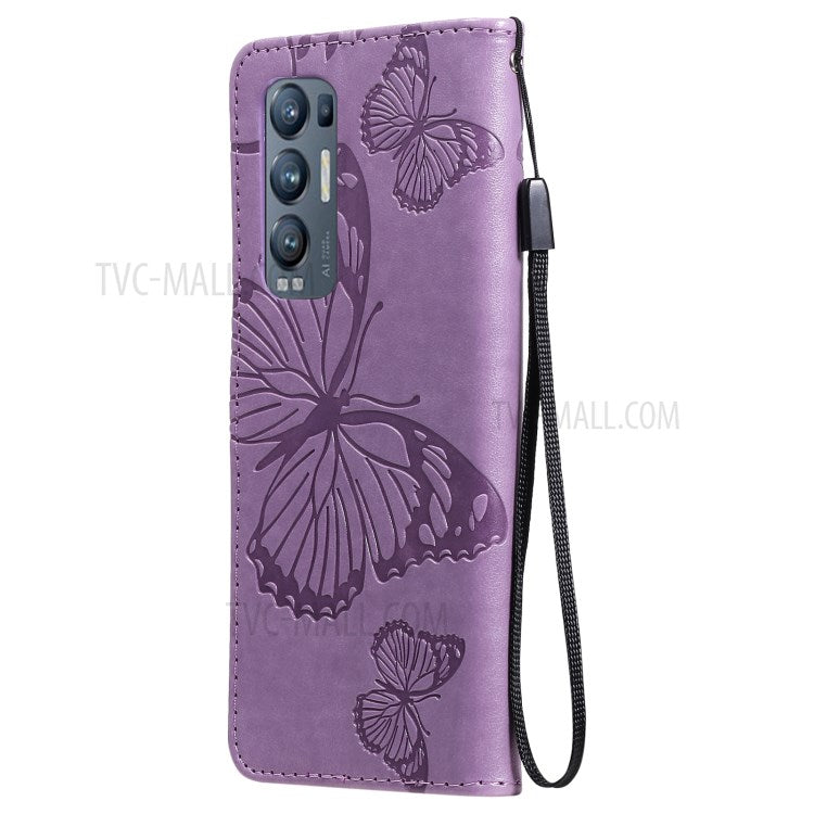 KT Imprinting Flower Series-2 Imprint Butterfly Leather Wallet Stand Case Shell for OPPO Find X3 Neo/Reno5 Pro Plus 5G - Purple