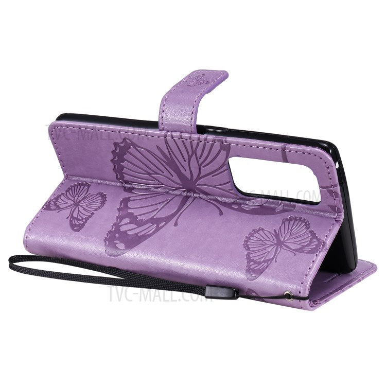 KT Imprinting Flower Series-2 Imprint Butterfly Leather Wallet Stand Case Shell for OPPO Find X3 Neo/Reno5 Pro Plus 5G - Purple