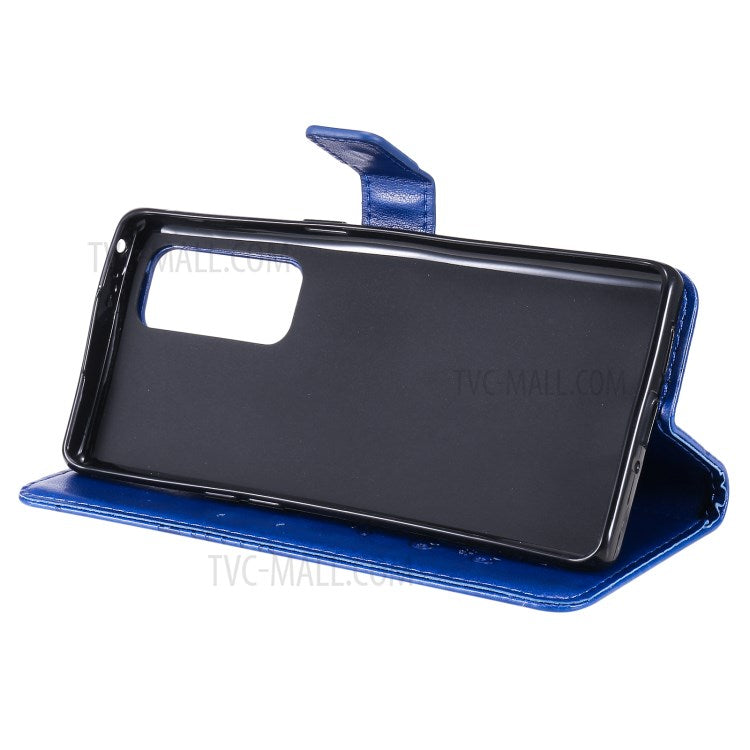 KT Imprinting Flower Series-2 Imprint Butterfly Leather Wallet Stand Case Shell for OPPO Find X3 Neo/Reno5 Pro Plus 5G - Blue