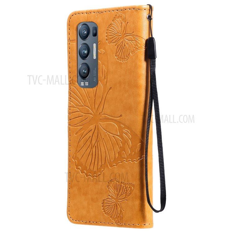 KT Imprinting Flower Series-2 Imprint Butterfly Leather Wallet Stand Case Shell for OPPO Find X3 Neo/Reno5 Pro Plus 5G - Brown