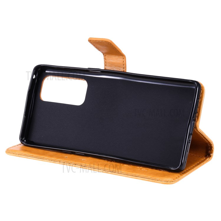 KT Imprinting Flower Series-2 Imprint Butterfly Leather Wallet Stand Case Shell for OPPO Find X3 Neo/Reno5 Pro Plus 5G - Brown