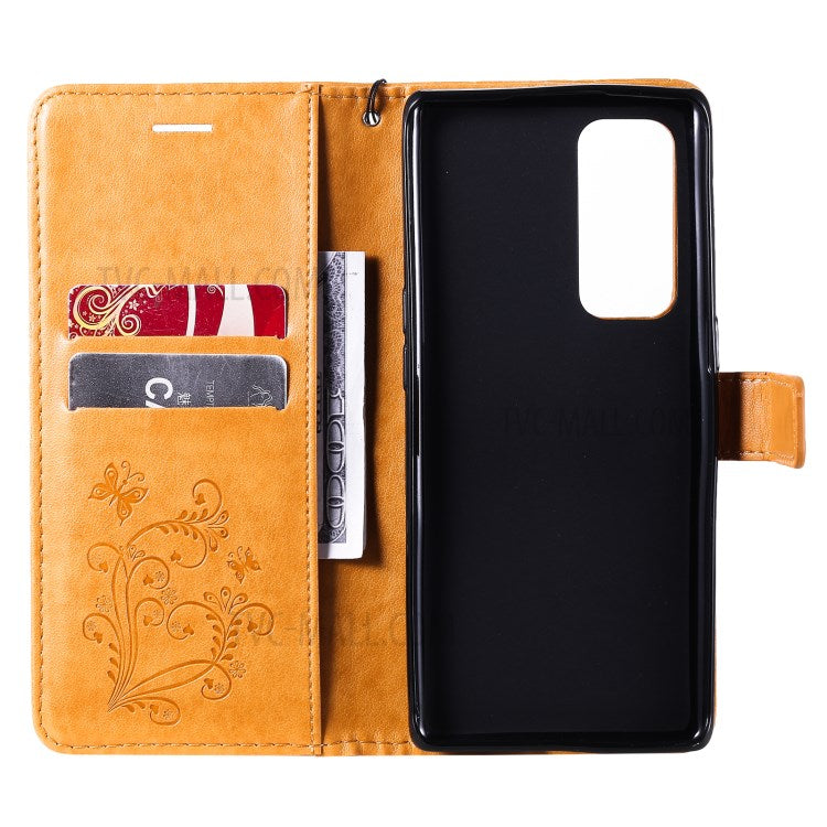 KT Imprinting Flower Series-2 Imprint Butterfly Leather Wallet Stand Case Shell for OPPO Find X3 Neo/Reno5 Pro Plus 5G - Brown