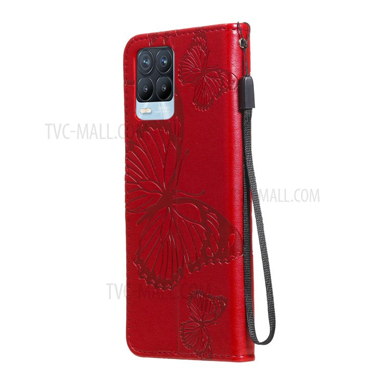 KT Imprinting Flower Series-2 Imprint Butterflies Pattern Wallet Stand Leather Phone Covering Case for Realme 8 / Realme 8 Pro 4G - Red