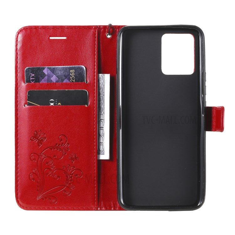 KT Imprinting Flower Series-2 Imprint Butterflies Pattern Wallet Stand Leather Phone Covering Case for Realme 8 / Realme 8 Pro 4G - Red