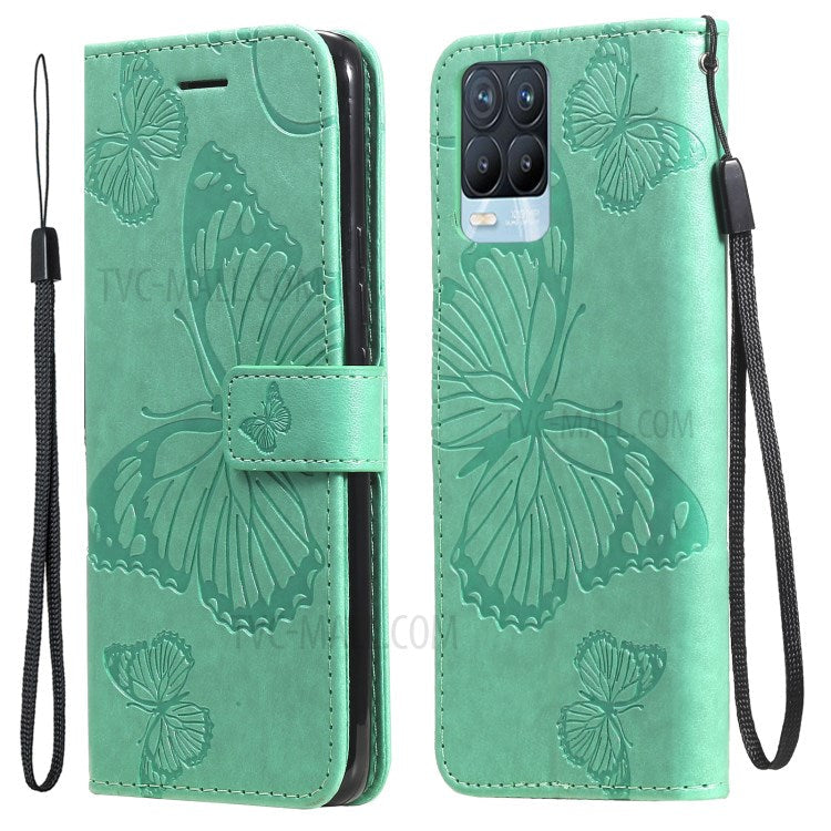 KT Imprinting Flower Series-2 Imprint Butterflies Pattern Wallet Stand Leather Phone Covering Case for Realme 8 / Realme 8 Pro 4G - Green