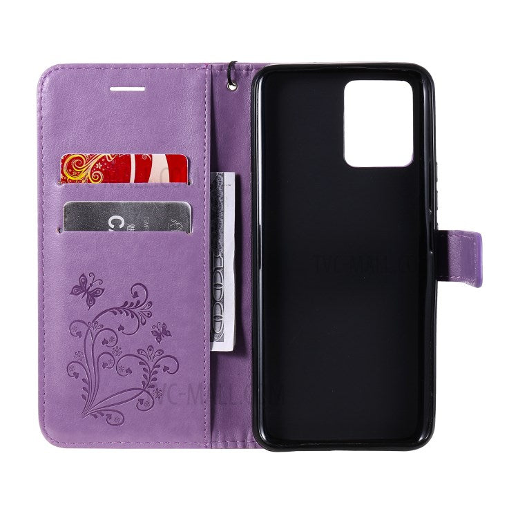 KT Imprinting Flower Series-2 Imprint Butterflies Pattern Wallet Stand Leather Phone Covering Case for Realme 8 / Realme 8 Pro 4G - Purple