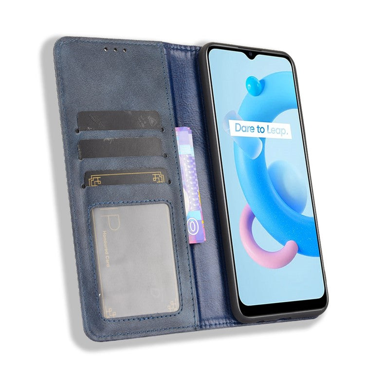 Magnetic Auto-absorbed Wallet Stand Vintage Mobile Phone Case Leather Cover for Realme C11 2021/C20/C20A - Blue