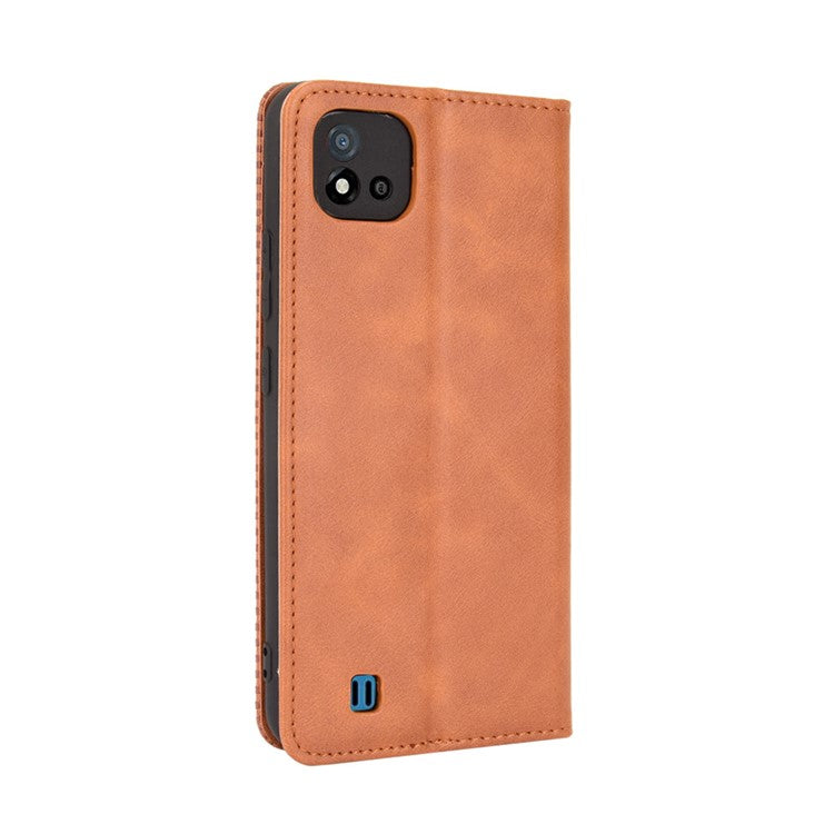 Magnetic Auto-absorbed Wallet Stand Vintage Mobile Phone Case Leather Cover for Realme C11 2021/C20/C20A - Brown