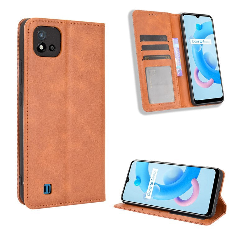 Magnetic Auto-absorbed Wallet Stand Vintage Mobile Phone Case Leather Cover for Realme C11 2021/C20/C20A - Brown