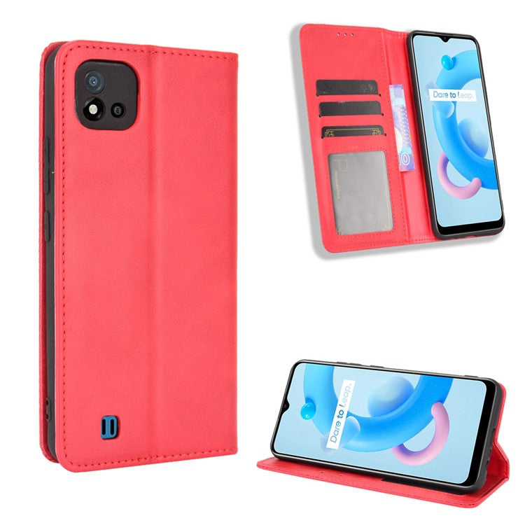 Magnetic Auto-absorbed Wallet Stand Vintage Mobile Phone Case Leather Cover for Realme C11 2021/C20/C20A - Red