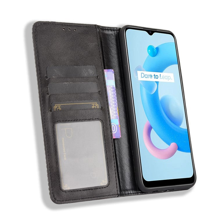 Magnetic Auto-absorbed Wallet Stand Vintage Mobile Phone Case Leather Cover for Realme C11 2021 / C20 / C20A - Black