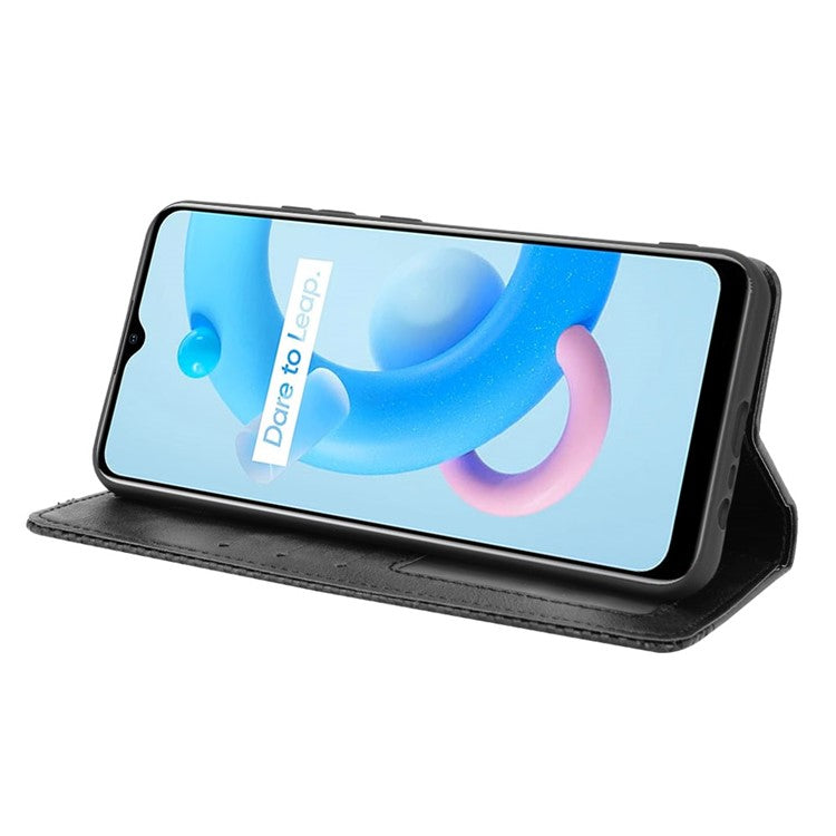 Magnetic Auto-absorbed Wallet Stand Vintage Mobile Phone Case Leather Cover for Realme C11 2021 / C20 / C20A - Black
