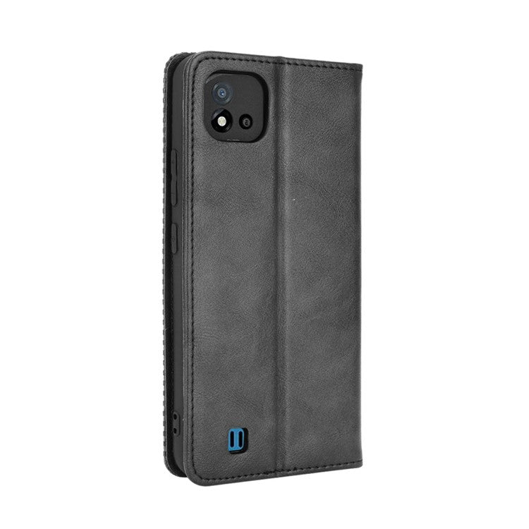 Magnetic Auto-absorbed Wallet Stand Vintage Mobile Phone Case Leather Cover for Realme C11 2021 / C20 / C20A - Black