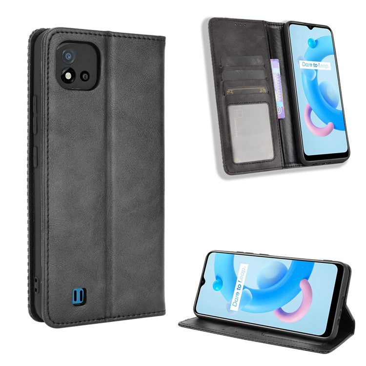 Magnetic Auto-absorbed Wallet Stand Vintage Mobile Phone Case Leather Cover for Realme C11 2021 / C20 / C20A - Black