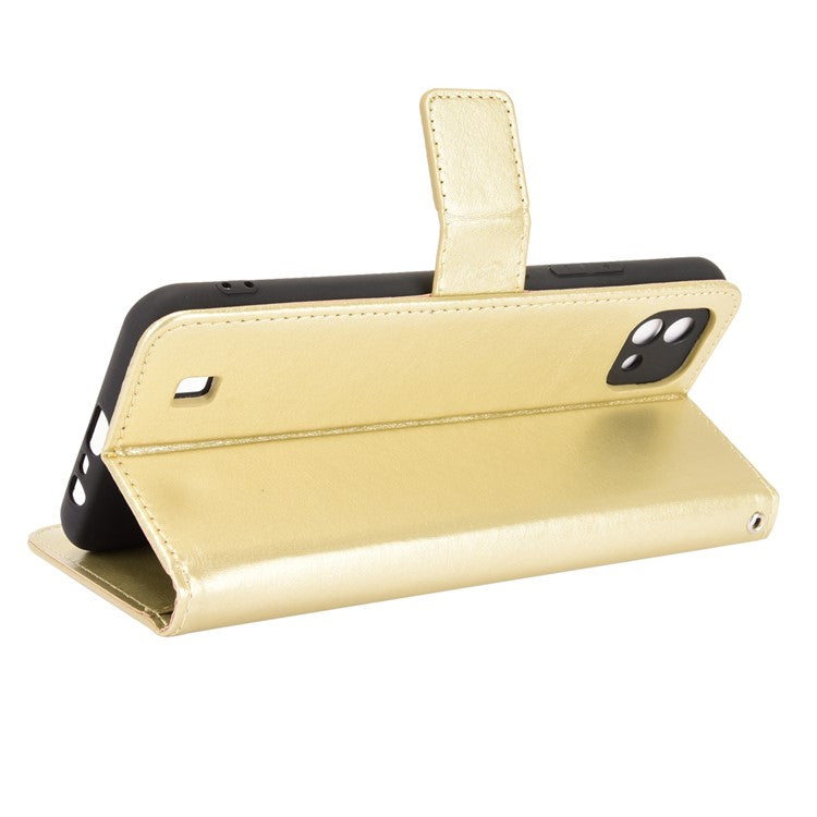 Crazy Horse Texture PU Leather Wallet Stand Phone Case Cover for Realme C11 2021/C20/C20A - Gold