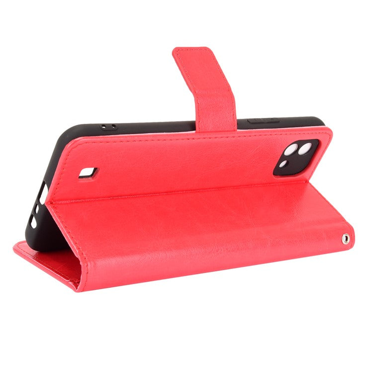 Crazy Horse Texture PU Leather Wallet Stand Phone Case Cover for Realme C11 2021/C20/C20A - Red