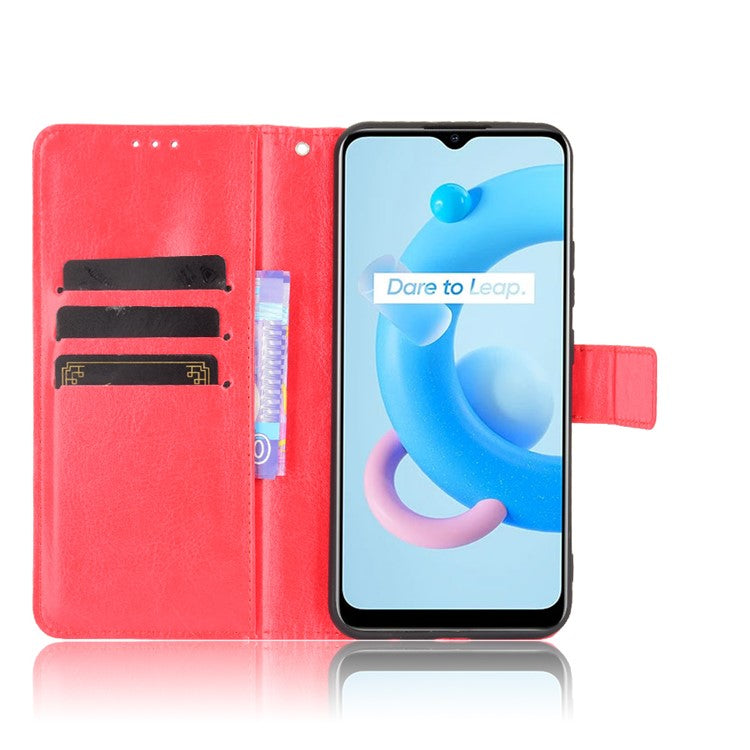 Crazy Horse Texture PU Leather Wallet Stand Phone Case Cover for Realme C11 2021/C20/C20A - Red