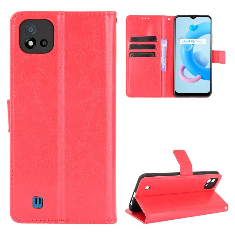 Crazy Horse Texture PU Leather Wallet Stand Phone Case Cover for Realme C11 2021/C20/C20A - Red