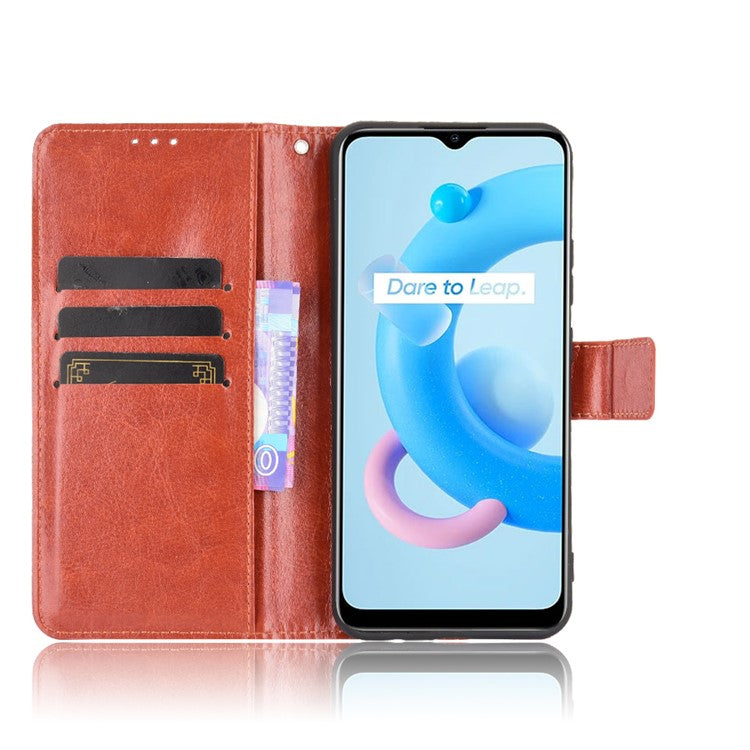 Crazy Horse Texture PU Leather Wallet Stand Phone Case Cover for Realme C11 2021/C20/C20A - Brown