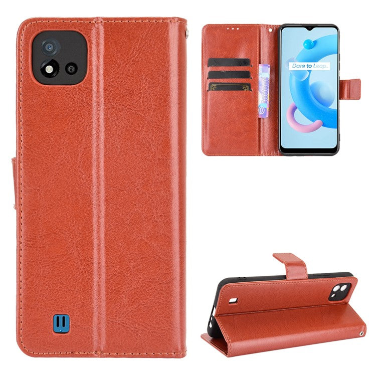 Crazy Horse Texture PU Leather Wallet Stand Phone Case Cover for Realme C11 2021/C20/C20A - Brown