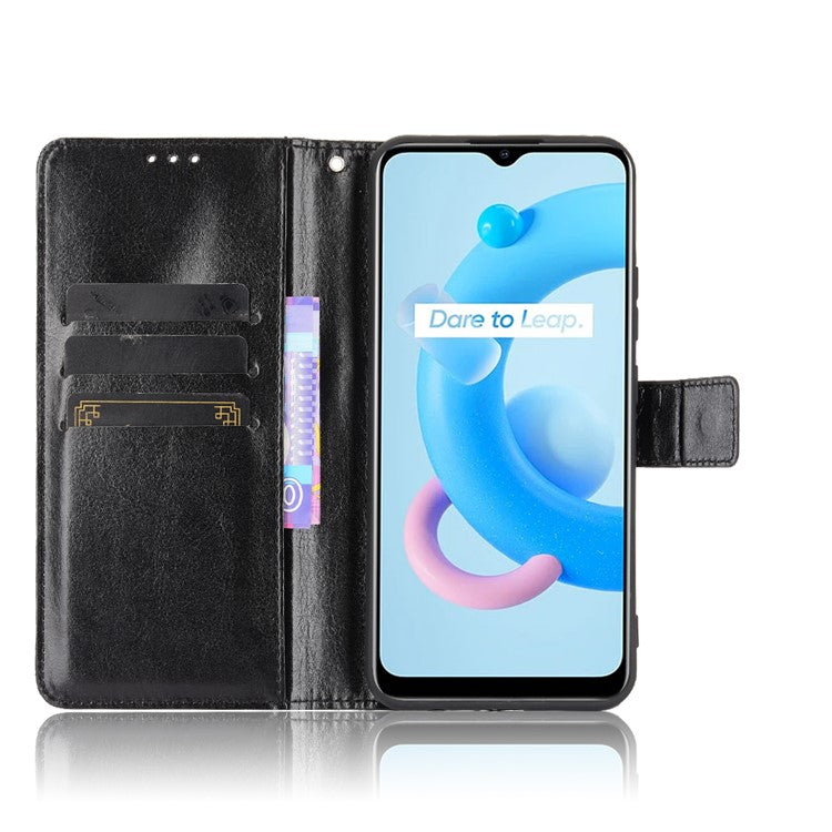 Crazy Horse Texture PU Leather Wallet Stand Phone Case Cover for Realme C11 2021/C20/C20A - Black