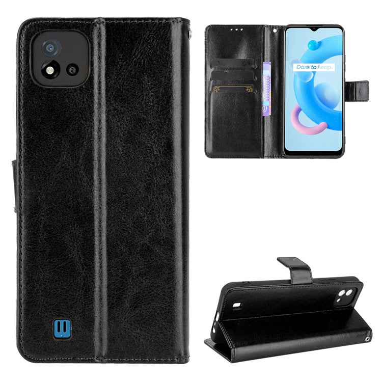 Crazy Horse Texture PU Leather Wallet Stand Phone Case Cover for Realme C11 2021/C20/C20A - Black