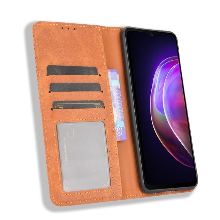 Vintage Style Magnetic Auto-absorbed Full-Protection Wallet Stand Leather Phone Shell Case for vivo V21 4G/5G - Brown