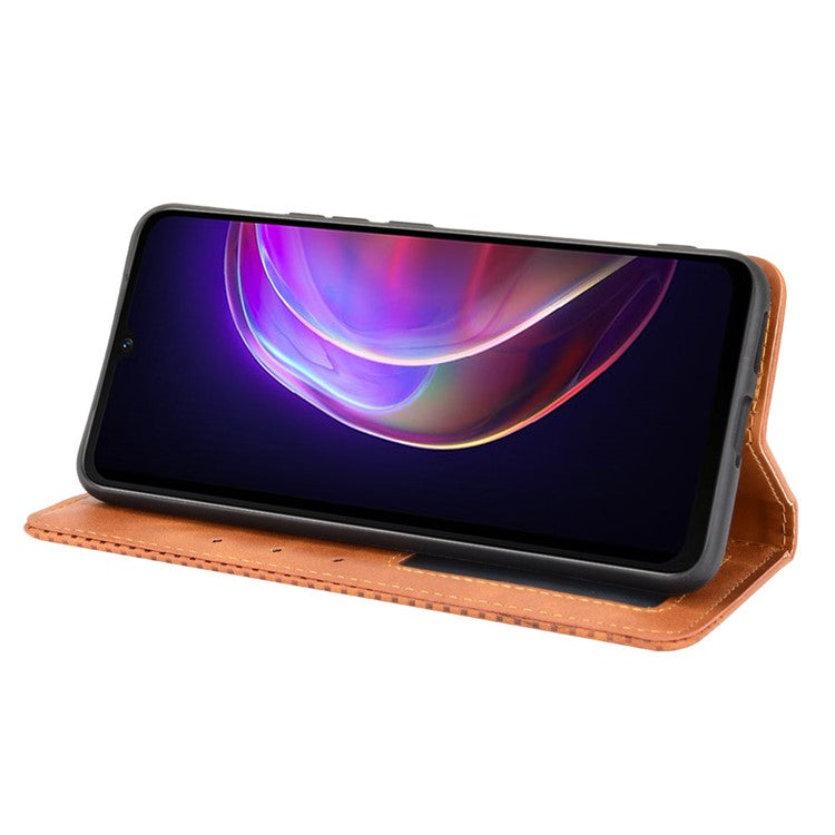 Vintage Style Magnetic Auto-absorbed Full-Protection Wallet Stand Leather Phone Shell Case for vivo V21 4G/5G - Brown