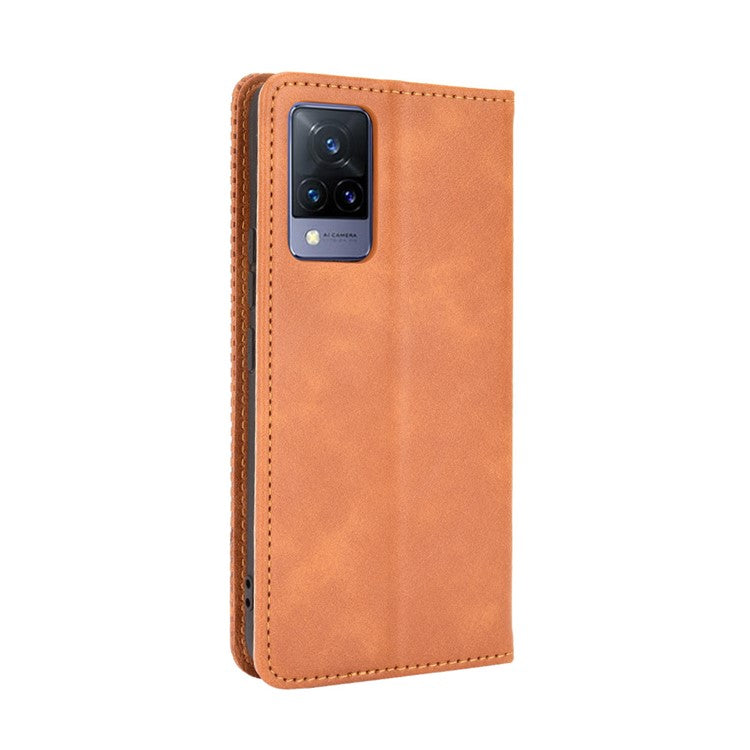 Vintage Style Magnetic Auto-absorbed Full-Protection Wallet Stand Leather Phone Shell Case for vivo V21 4G/5G - Brown